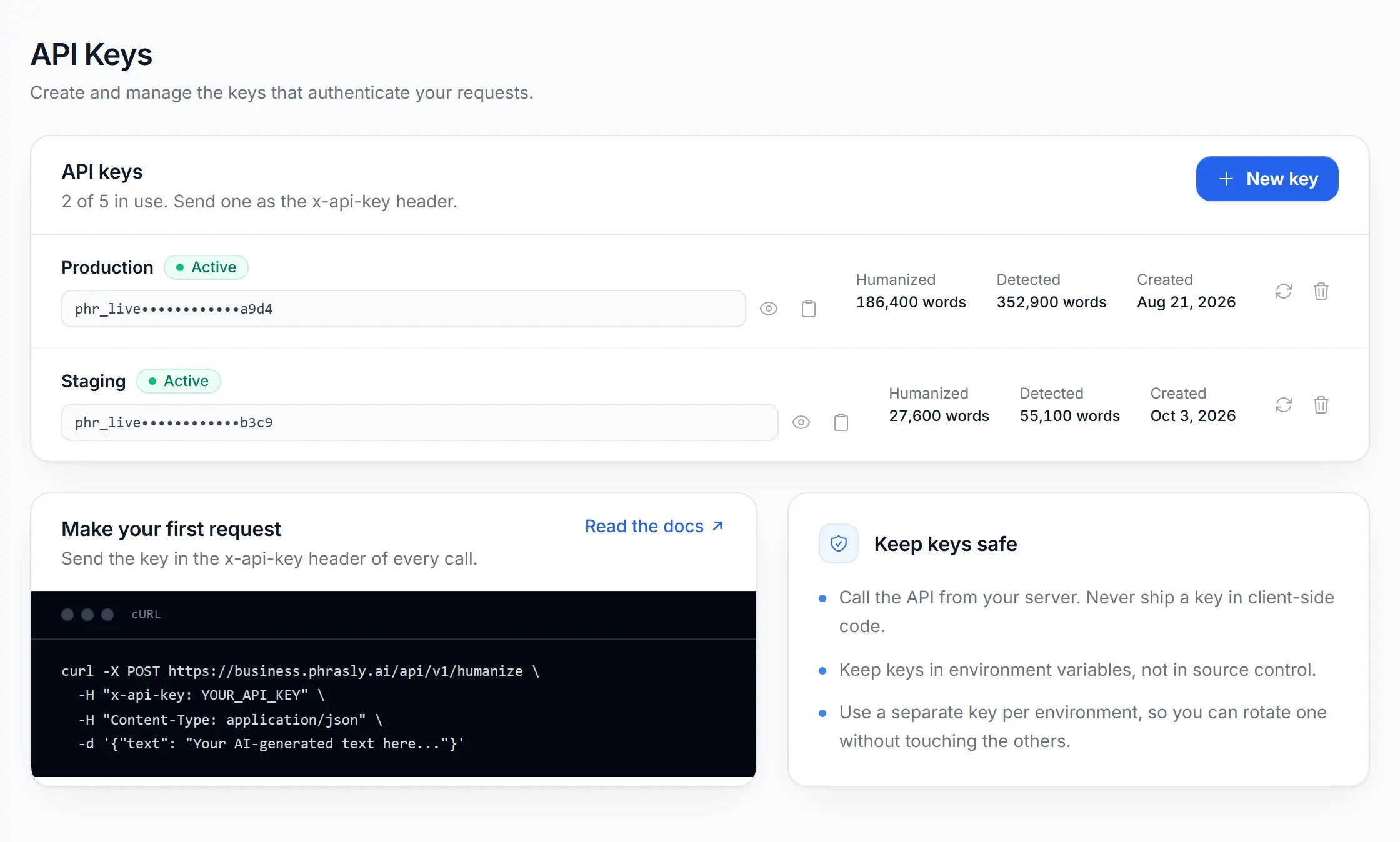 The API Keys page with production and staging keys, the words each has used, and a first request in cURL
