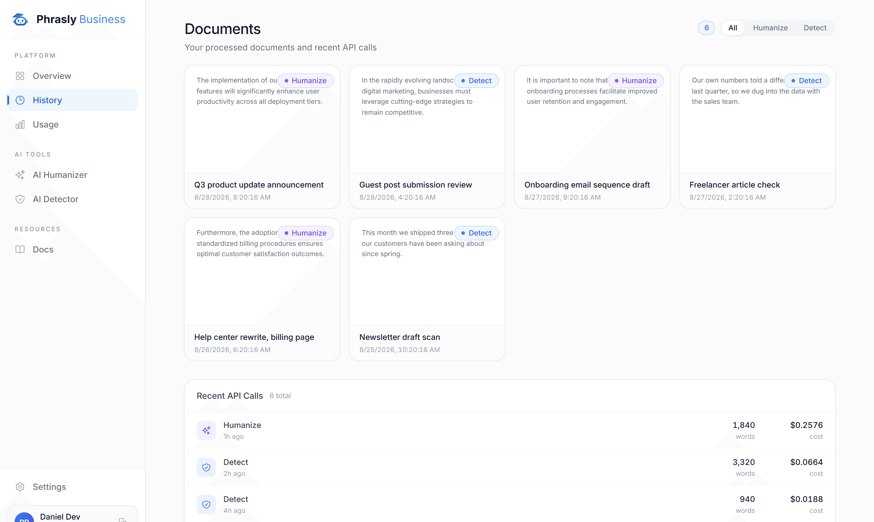 Phrasly Business dashboard history with processed documents and recent API calls