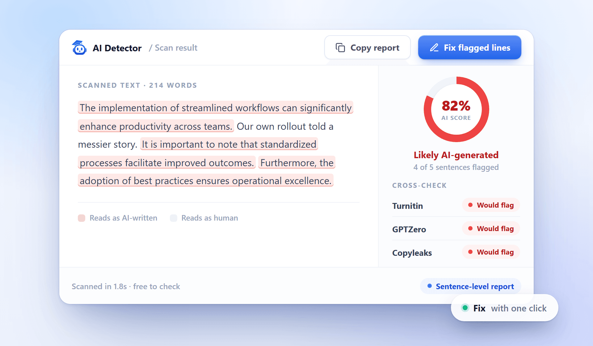 AI detection report with sentence-level highlights and cross-check rows