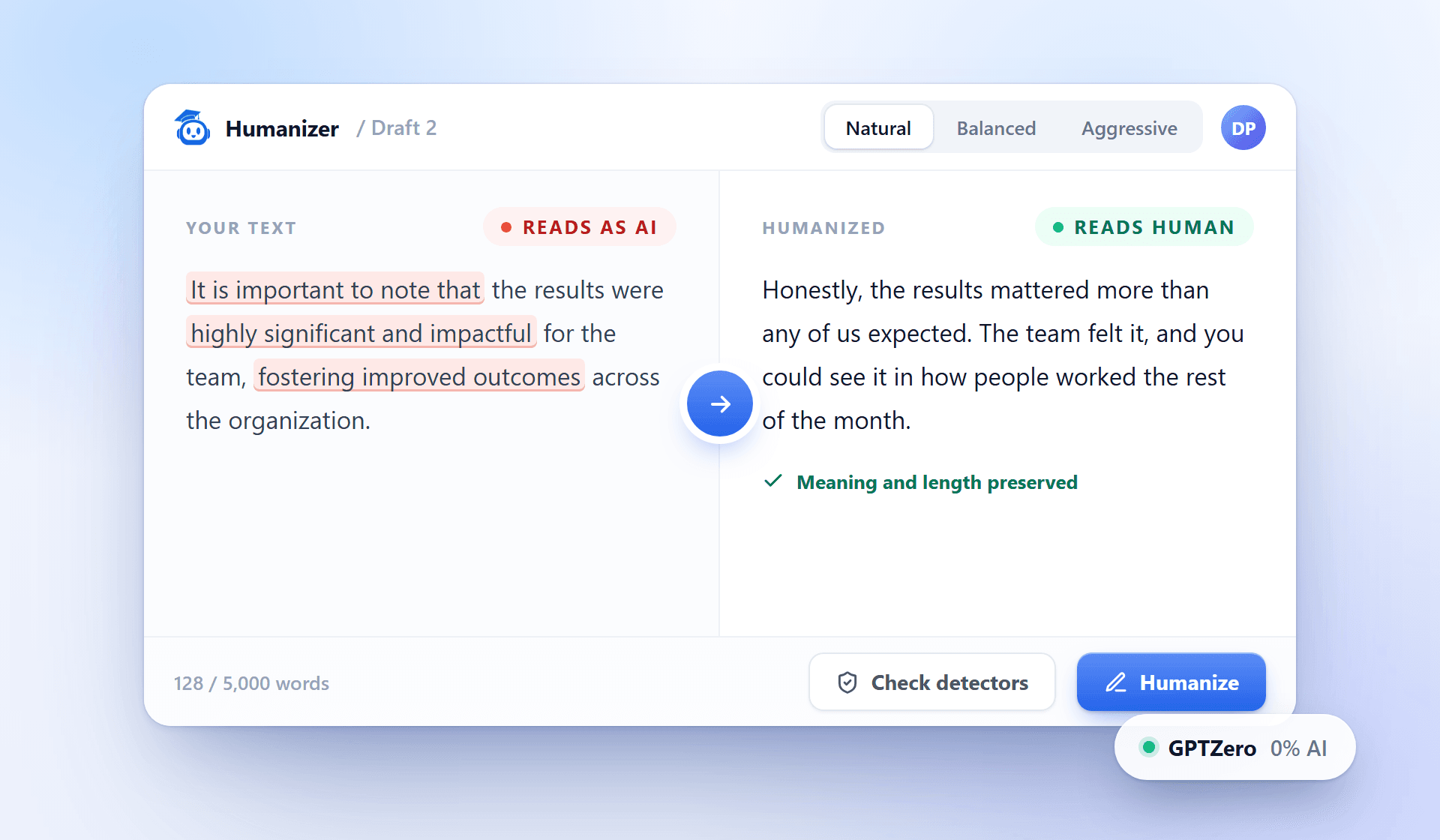 Phrasly humanizer turning AI text into natural human writing